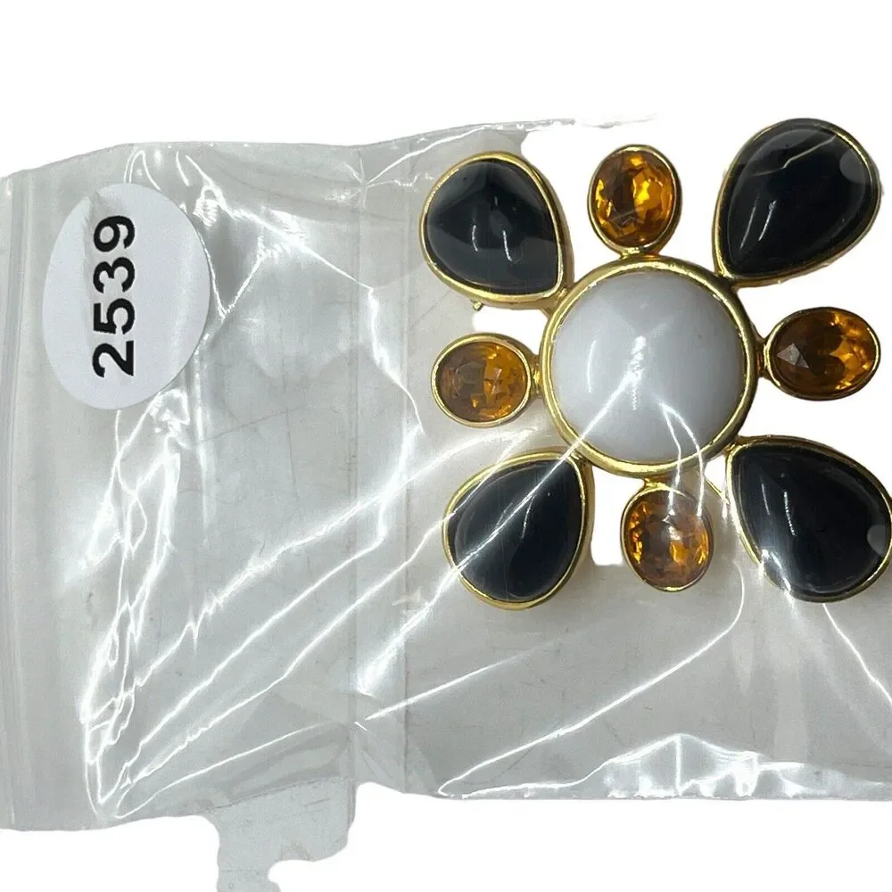 Joan Rivers Maltese Cross Brooch Pin Signed Large Black Faux Amber & Pearl Gems